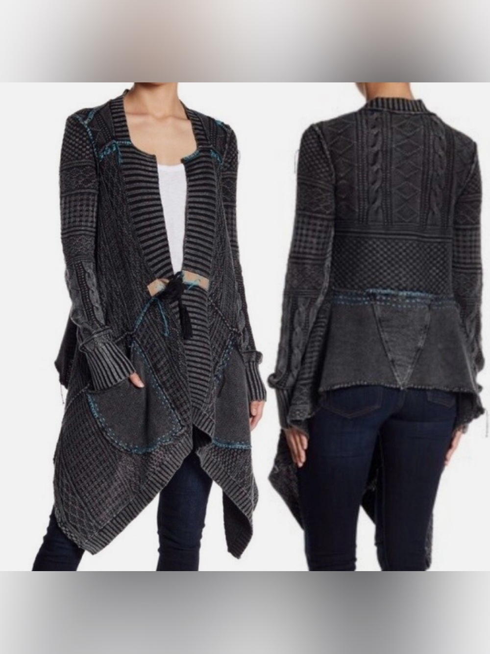 Free People Mixed Knit Waterfall Cardigan
Open Sweater, Tie Waist, Blue Gray, XS - Picture 3 of 16